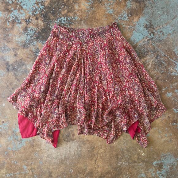 Vintage Y2K Silk Whimsygoth Fairy Skirt Size 10 Red Asymmetric Chiffon Floral - Picture 1 of 4
